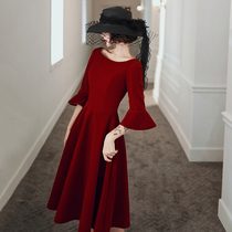 Toast wine red long-sleeved summer 2021 new velvet medium-long section back to the door casual bridal wedding dress