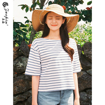 ins pure cotton short streaks T-shirt short sleeves women 2022 Summer and Korean version Loose Dew navel Virgin Wind Blouse