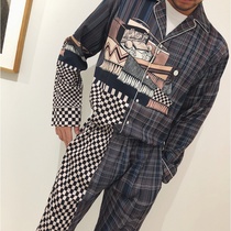 24K Pyjamas Splicing Plaid Striped print hit Thins net red autumn Home Sleeping Suit Men Lovers