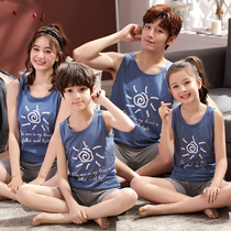 parent-child pajamas summer family three-piece pure cotton vest mother and daughter set mother and child summer whole family clothing sleeveless men