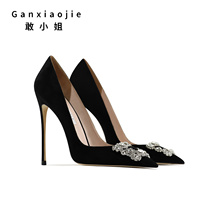 Dare Lady Suede High Heels Shoes Woman 2022 New Fine Heel Black Small Square Button Genuine Leather and European Sexy Temperament Single Shoes