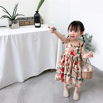 2022 Korean version of the new girls summer clothing retro ink painting flower hanging with skirt baby Snow spinning princess Lieven dress