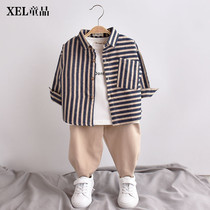 Spring and autumn boys shirts 2019 new baby long-sleeved tops childrens shirts pure cotton brushed coat Korean version of the tide