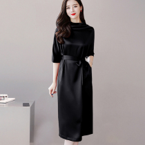 Dress female 2021 new autumn waist thin temperament satin silk solid color long knee long skirt