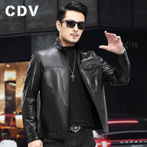 Tanned goatskin Haining leather leather mens short lapel thin casual leather jacket youth multi-pocket jacket