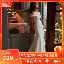 Satin wedding dress 2021 new simple word shoulder tail white dress dress light wedding forest line Tour