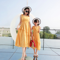 Parent-Child Dress 2021 Summer New Mother Women Beach Dress Weaving Waist Seaside Holiday Chiffon Dress