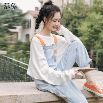 ins student age reduction loose denim bib pants womens autumn 2021 new forest department cec wide leg casual pants tide