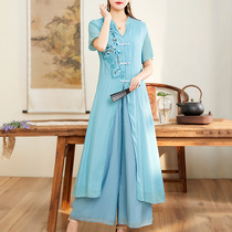 Tea suit female Zen Italian Chinese style womens dress and tattoo high-meditation retro national wind suit Han suit two pieces