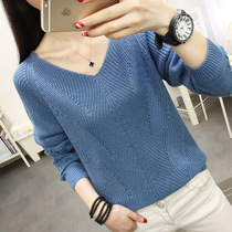 Autumn Clothing 2022 New Ocean Gas V Collar Bright Silk Hollowed-out Knitwear Korean version Long sleeves Undershirt Loose sweater