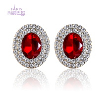 Korean version temperament oval ruby earrings amethyst painless ear clips bridal banquet stage earrings