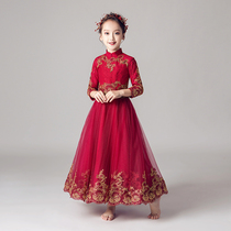 Girls long sleeve dress Princess dress flower girl wedding dress puffy gauze childrens small host catwalk show evening dress winter