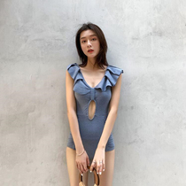 Sexy swimsuit female Korean ins ruffled backless hollow conjoined body high waist belly thin hot spring resort swimsuit