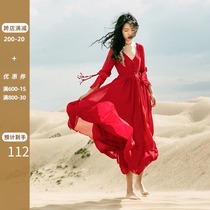 Grassland desert long skirt photo red skirt big swing ethnic style dress Qinghai Lake Tibet travel clothes female