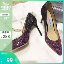 (Special clearance)Small sexy~8 5cmjc shallow pointed gradient sequin stiletto heels womens wedding shoes