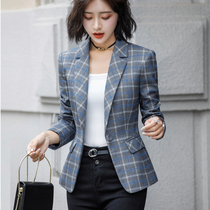 Net red small suit jacket womens long sleeve wool casual fashion retro gray plaid short suit slim spring and autumn