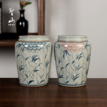 Shengshan antique blue and white ceramic tea pot hand-painted peony retro sealed tea storage pot Jingdezhen tea set tea pot