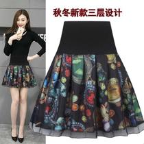 Autumn Winter New Half Body Dress A Character 100 Plexor Fluffy Skirt High Waist Display Slim Short Skirt Tightness Waist Umbrella Skirt Big Code Flower Skirt