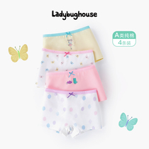 Ladybugs House Girls Underwear Spring and Autumn Pure Cotton Boxer Middle-aged Childrens Girls Baby Four Corners Do Not Clip Butt