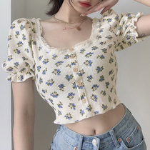 WEEKEEP French Vintage Square Collar Bubble Sleeve Small Floral Top Women Short Slim Joker Short Sleeve T-Shirt Women Summer