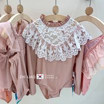 Gardenia growth note Girls swimsuit Little girl seaside long-sleeved sunscreen swimsuit Female baby lace one-piece swimsuit