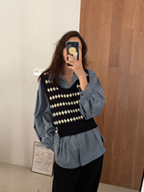 (JUSLIN) fashionable arc collar stack B into the collision color diamond pattern knitted vest F0812