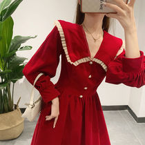 2021 new Korean version of the waist is thin A-line skirt female autumn and winter design sense niche doll collar dress ins all-match