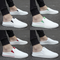 2021 new summer linen canvas semi-drag mens shoes a pedal lazy white trendy shoes old Beijing breathable cloth shoes