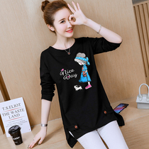 Fat womens clothing plus fat plus size womens clothing 200 pounds of Foreign style loose medium and long long-sleeved T-shirt cotton base shirt worn outside