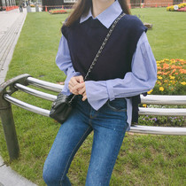 2021 Spring and Autumn New Korean Academy style loose striped shirt blouse design sense niche vest set