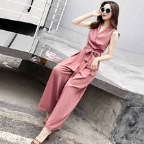 Tide brand Ocnltiy one-piece wide-leg pants womens summer new fashion casual V-neck slim jumpsuit student suit