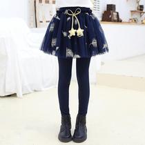 Girls leggings skirt autumn and winter wear trousers for girls mesh skirt pants fake two pieces plus velvet thickened childrens pants