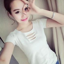 Korean version of the wild student loose crew neck hole short-sleeved T-shirt womens solid color slim slim cutout hole halter