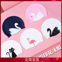No-head silicone gel long hair swimming cap male and female adult comfort professional large size elastic fashion swan kitty pattern