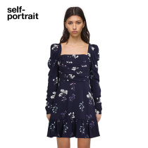 self-portrait blue floral navy vintage print square neck leg of lamb sleeve dress skirt