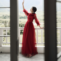 2020 toast dress red lace small dress Female thin middle sleeve forest dress Banquet noble temperament long section