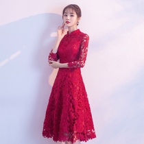  Long-sleeved toast dress bride 2021 new summer wedding engagement red evening dress skirt dress lace cheongsam