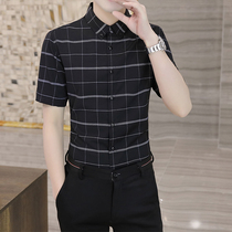 Bamboo fiber stretch non-iron plaid shirt mens short sleeve summer ice silk shirt high-grade casual inch shirt thin