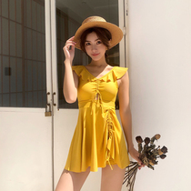 2021 new hot spring swimsuit female skirt split swimsuit conservative thin belly cover Korean version small fresh small chest gathered