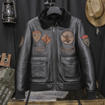 New aviator sheepskin wool one-piece jacket short lapel embroidered leather leather jacket mens winter fur jacket