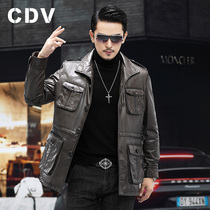 Hunting oil wax sheep leather Haining leather leather mens vertical lapel leather jacket casual tooling multi-pocket jacket