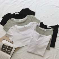 MUZI feedback cabbage price must enter round neck V collar solid color wild match slim cotton short sleeve women