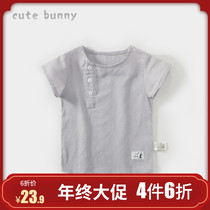 cutebunny baby summer girls cotton linen short sleeve shirt baby sweat absorbent round neck doll shirt Joker