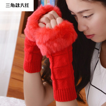 Gloves womens winter cute Korean version of womens half-finger thickened wool gloves Winter warm gloves tide students autumn and winter