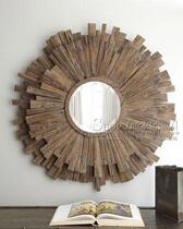 Retro old creative sun-shaped wall decoration mirror Entrance mirror wall Living room background wall round mirror customization