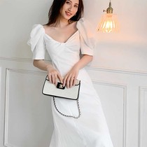 French Holiday Bubble Sleeve Dress Women's 2021 Summer New Korean Solid Color V-Neck Advanced First Love Dress