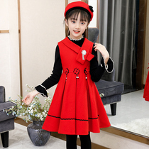 Girls spring and autumn princess dress Western style dress Childrens skirt Red dress Childrens clothing 2021 early spring Korean version of the new