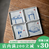 Cat fat Jiarun hand painted blue and white tea tray coaster cup holder Kitten illustration tea tray Ceramic cup cushion tea tray