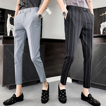 Rich bird suit pants mens summer thin section Korean version of the trend of ice silk stripes mens slim small feet nine points casual pants