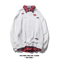 Autumn Japanese shirt collar fake two-piece plaid stitching hole pullover College style loose sweater hipster jacket